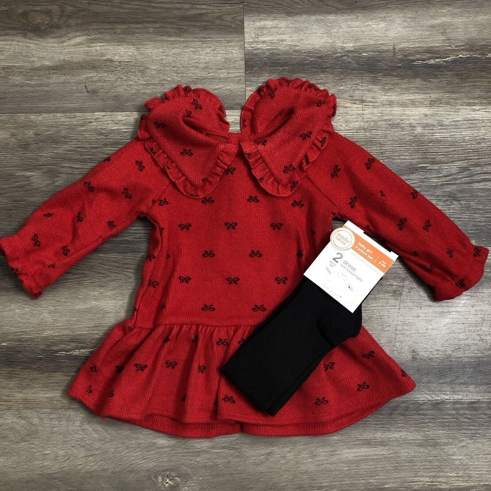 Wonder Nation baby Girl Dress Tights Set Outfit 6-9M Red Christmas Bow Croquette